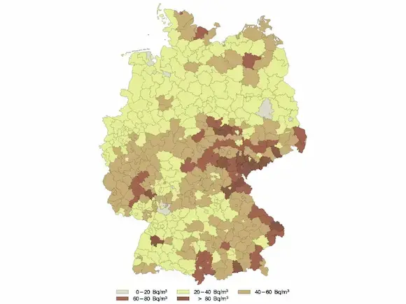 Landkarte von Deutschland mit der Visualisierung von Radon-Vorkommen