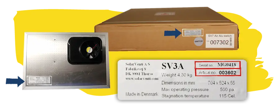 Bild, das zeigt, wo die Seriennummer und die Artikelnummer eines SolaVenti-Geräts gefunden werden können